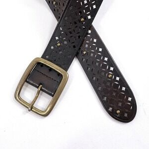 Gap Belt Dark Brown Leather Laser Cut Studded Brass Buckle Wide Women L